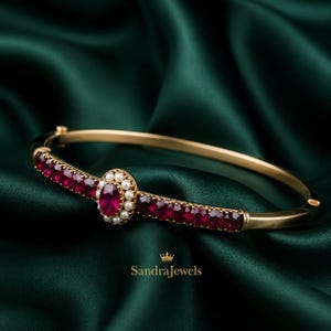 Oval Ruby Pearl Halo Bracelet, 14K Gold Plated 925 Sterling Silver Bangle