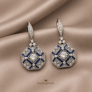 Art Deco Diamond & Sapphire Earrings 14K White Gold Plated, Vintage Style Wedding Earrings, 925 Sterling Silver Drop Dangle Jewelry