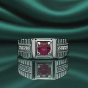 Moderner Herren Roter Rubin Diamant Ring, 14K Gelbgold vergoldet, Runder Edelstein Ring, 925 Sterling Silber, Bandring für Ihn