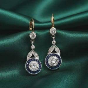 Orecchini pendenti Art Déco con zaffiri e diamanti, placcati in oro 14 carati, in argento sterling 925, gioielli da donna con zirconi cubici in stile vintage.