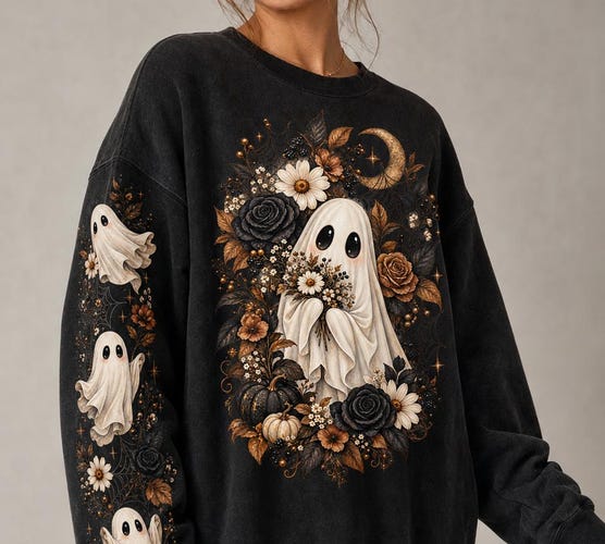 Floral Ghost PNG with Matching Sleeve Design — Boho Floral Halloween Sublimation