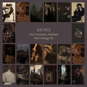 May include: A collection of 100 wall collage kit prints featuring dark academia imagery including classical statues, gothic architecture, vintage books, antique pocket watches, and moody oil paintings in muted brown, black, and cream tones.