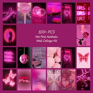 Op de afbeelding: Een verzameling van meer dan 100 felroze muurcollage-prints met diverse afbeeldingen, waaronder neonreclames, stadsgezichten, vuurwerk, een discobal, vlinders, harten en de tekst 100+ PCS Hot Pink Aesthetic Wall Collage Kit.