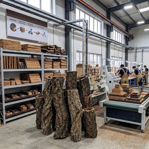 May include: A manufacturing facility interior featuring a large cluster of raw, cylindrical cork bark logs in the foreground. To the left, metal shelving units are stacked with processed cork sheets and blocks. Industrial machinery and workers are visible.