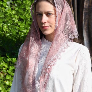 Kristi brud | Slöja - Rosa spetshuvudduk - Mantilla - Kristen kapellhuvudbonad - Traditionell böneslöja - TLM