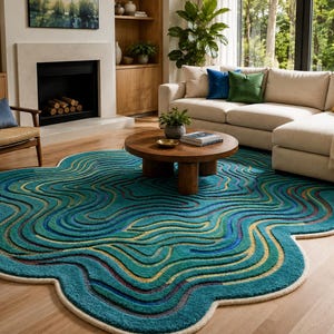 Funky Teal Wavy Rug: Abstract Topographic Tufted Area Rug, Irregular Squiggle Statement Carpet for Modern Living Room Decor
