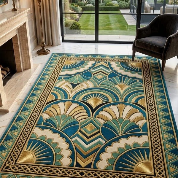 Art Deco Area Rug - Teal and Gold Geometric Floor Carpet, Gatsby Inspired Living Room Rug, Vintage Style Maximalist Home Decor, Luxury Rug