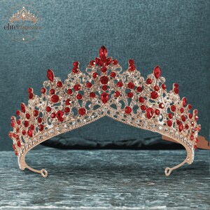 Czerwona kryształowa tiara, złota korona ślubna z cyrkonii, ozdoba ślubna z kryształkami, tiara księżniczki, korona na quinceanerę, tiara na bal maturalny, korona na imprezę