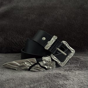 Black Western Belt Silver Art Nouveau Buckle Gothic Vintage Cowboy Waist Belt