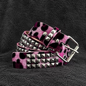Studded Leather Waist Belt with Rhinestone Lizard Accent - Black & Pink Namzi Western Men Women Rhinestone Belts Bling Crystal  main image 3
