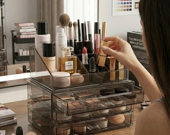 Clear Gray Acrylic 4-Drawer Makeup Organizer – Large Cosmetics Display Case