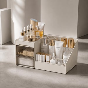 May include: A beige plastic cosmetic organizer featuring two clear pull-out drawers and multiple open compartments. The unit holds various skincare bottles, tubes labeled MOCHREE, and small rectangular boxes. The design includes a tiered shelf structure.