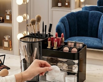 Spacious Black Makeup Organizer – Dustproof Cosmetics Storage Box with Drawer