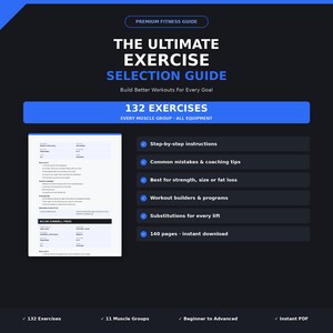 May include: A digital fitness guide titled The Ultimate Exercise Selection Guide featuring 132 exercises for every muscle group. The dark background displays a preview of exercise instructions, a list of features like step-by-step guidance, coaching tips, and a 140-page instant download format.