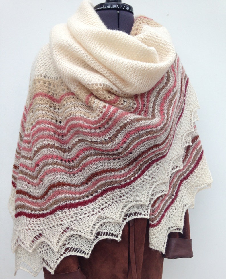 Hand Knit Shetland Lace Hap Shawl Cream Pink Wine Etsy