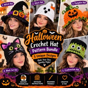 以下が含まれることがあります： ハロウィンのクロッシェハットの編み図セット。魔女の帽子、ゴーストの帽子、カボチャの帽子、黒猫の帽子、フランケンシュタインの帽子の5つのデザインが掲載されており、それぞれカボチャや耳、ボルトなどの装飾が施されています。