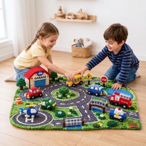 May include: A crocheted play mat featuring a gray road network, green landscape, and various three-dimensional crocheted vehicles including a yellow school bus, red fire truck, blue police car, and helicopter, plus a garage and traffic signs.