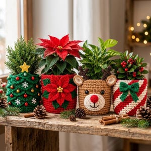 May include: Four crochet plant covers featuring holiday designs: a green Christmas tree with a yellow star, a red poinsettia flower, a tan reindeer with a red nose, and a red and white candy cane striped pattern with a green bow.