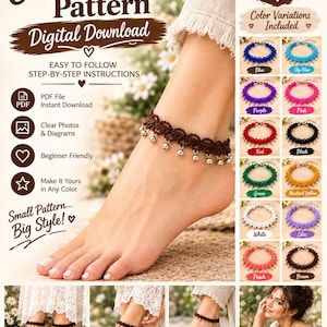 May include: A digital PDF crochet anklet pattern featuring step-by-step instructions. The anklet is brown with small silver-toned charms. The image displays color variations including blue, purple, red, green, white, peach, sky blue, pink, black, mustard yellow, lilac, and brown.