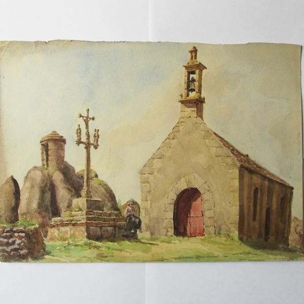 Vintage french watercolor, 1920s, Landscape, Brittany, Church, Country, Tableau, Aquarelle, France Bretagne