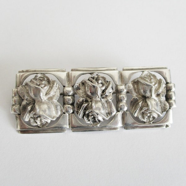 Vintage french silver brooch FLAM 1950s Made in France Rose Art Deco style Broche ancienne argent