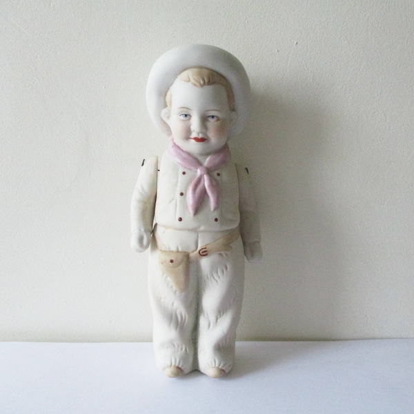 Antique bisque doll boy, 1930s, White porcelain cow-boy, Vintage jointed figurine, Mignonette, Poupée porcelaine articulée