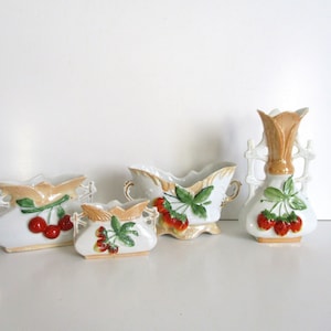 4 antique french LITTLE vases porcelain Majolica Fruits 1920s Vintage Paris Barbotine porcelaine Garniture miniature