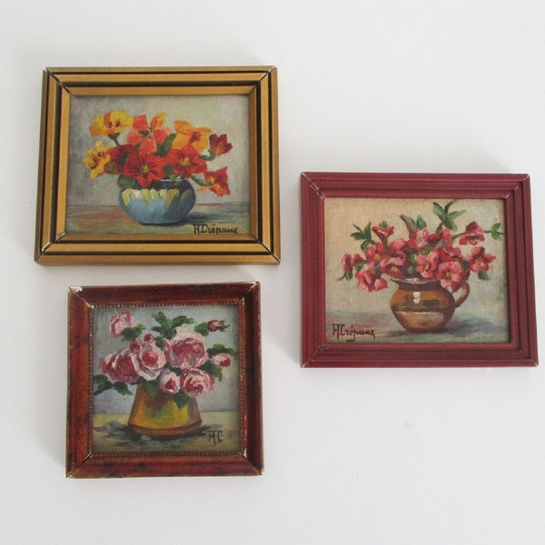 3 vintage miniature little oil painting Signed, 1940s, Still life Bouquet Flowers, Peinture, Fleurs nature morte France