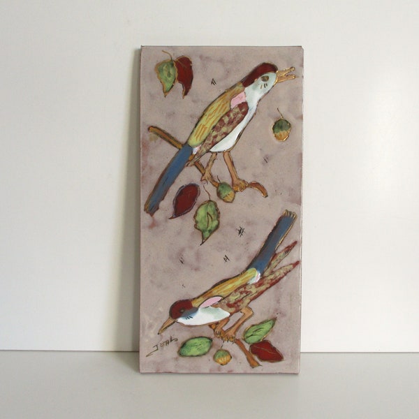 Antique enamel cloisonne tile 1960s Vintage Handmade Signed colored bird Carreau ancien oiseau émaillé