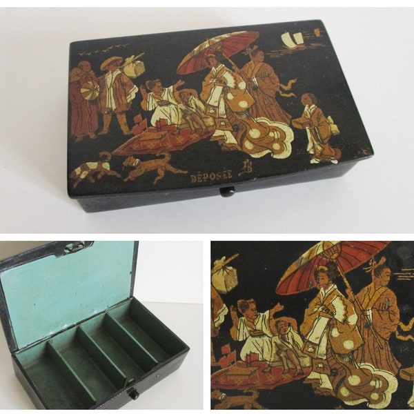 Antique french paper mache box, Napoleon III 1800s, Vintage stamp box Lacquered boiled cardboard, France, Boite carton bouilli