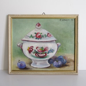 Antique vintage french painting 1930s on canvas-panel with Frame, Signed,  Still life Fruits France