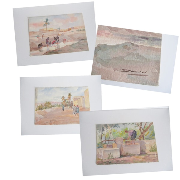 3 antique French watercolor 1930s, Signed by the artist, Vintage Orientalist landscapes Painting , Tableau aquarelle Paysage orient