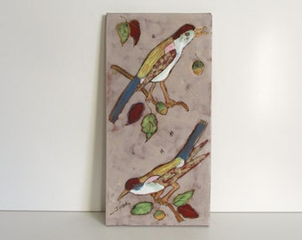 Antyczna emalia Cloisonne z lat 60. XX w. Vintage Ręcznie sygnowana kolorowy ptak Carreau ancien oiseau émaillé