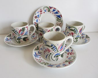 4 tasses et soucoupes françaises antiques Luneville France années 1930, style Art Déco, bol à chocolat vintage Galeries Lafayettes, Tasse soucoupe