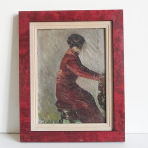 Antikes vintage französisches Ölgemälde 1930er Jahre auf Leinwandplatte mit Rahmen, Stillleben Musikerin peinture huile France