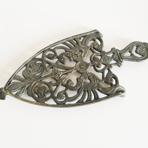 Antique vintage flat iron brass stand, brass trivet, iron holder rustic table decor, France, Folk art 1940s