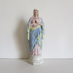 Antique french Sacred Heart Virgin Mary bisque statue, 1920s Vintage figurine Coeur Sacré Vierge Marie Religious ornament Statue religieuse
