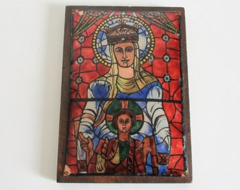 Pintura de esmalte religioso francés vintage sobre cobre de la década de 1950, colgante de pared antigua, Tableau émaillé cuivre vitrail France Abbaye