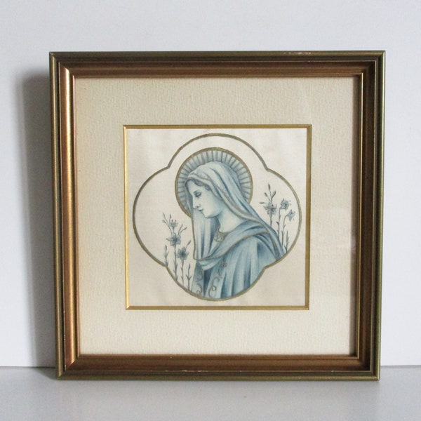 Antique french painting on silk Madona with frame, 1940s, Wall hanging peinture sur soie France