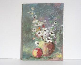Antique vintage french painting 1960s on panel, Still life Fruits Bouquet flower France, Nature morte fleur