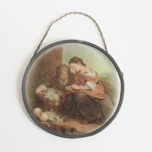 Vintage glass print and frame 1950s, Painting print photo, Antique image Vitrail Wall hanging