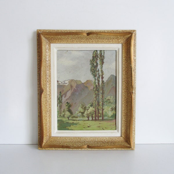 Vintage peinture à l'huile sur panneau avec cadre des années 1930, signée, paysage montagnes arbres, Tableau peinture paysage ancien France