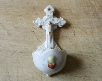 Antique french little Benitier Holy water font 1900s, White porcelain Fine china Christ, Cross, Religion Spirituality