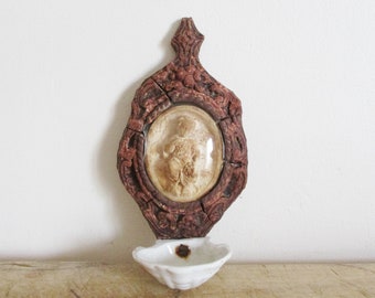 Antique Vintage french Benitier Holy water font 1900s, Folk art Handmade, Angel, Christ, Cross, Religion Spirituality