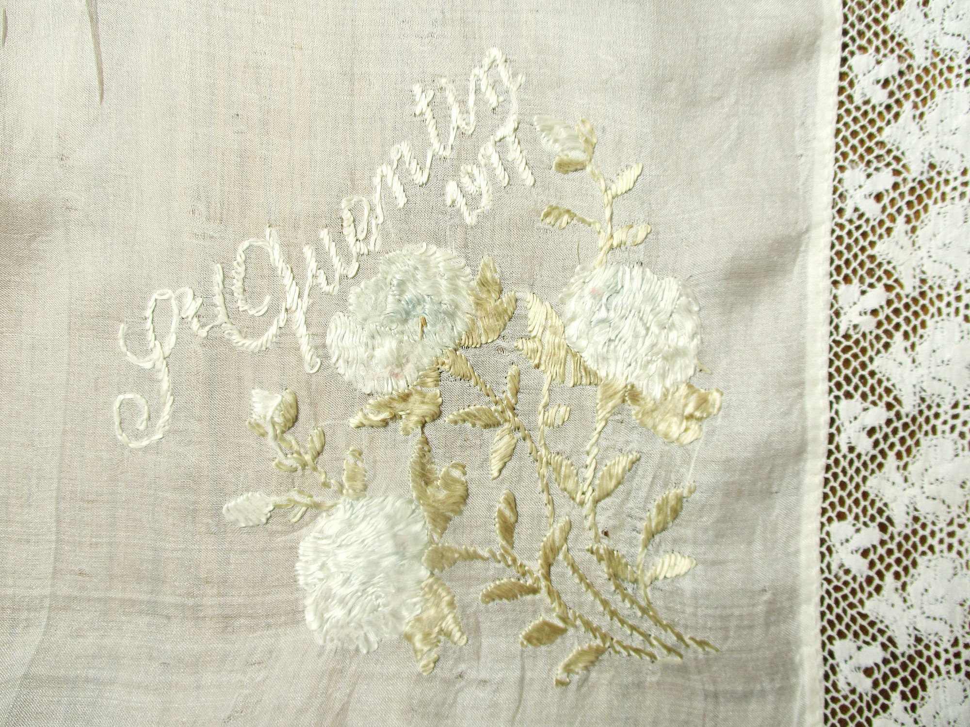 Antique French Silk Embroidered Handkerchief 1910s, Handmade