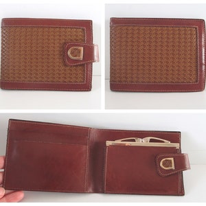 Vintage italian coin purse, Wallet, Card and paper holder, 1980s, Antique Brown leather, Italy Porte-monnaie carte cuir tressé Italie