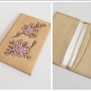 Antique french card paper holder Wallet  1930s, Leather embroidery silk, Vintage France Luxe, Porte carte papiers Porte-feuille cuir soie