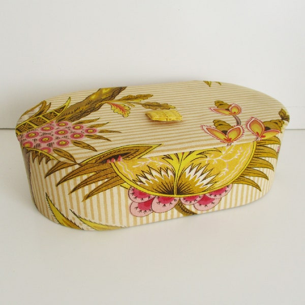 Vintage french sewing box, 1950s - 1960s, Fabric covered jewelry stocking box, Boite couture bijoux tissu, France