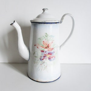 Antique french enamel coffee pot 1930s, Vintage Enamelware Flowers, Bouquet Flower Teapot, Cafetiere émaillée Fleurs
