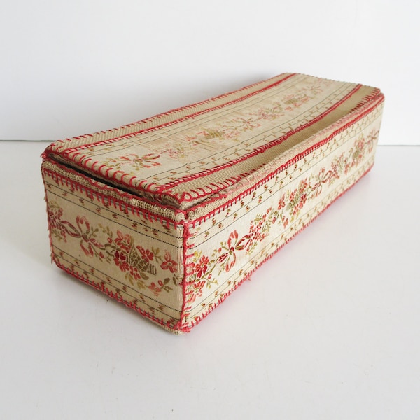 Antique French fabric cardbord box 1900s, Tapestry Embroidered covered jewellery stocking sewing box, Boite couture bijoux tissu